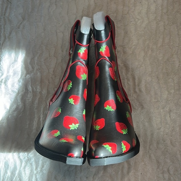 DOLLS KILL X STRAWBERRY SHORTCAKE Black Red Strawberry Heeled western Boots 10 - Picture 3 of 10
